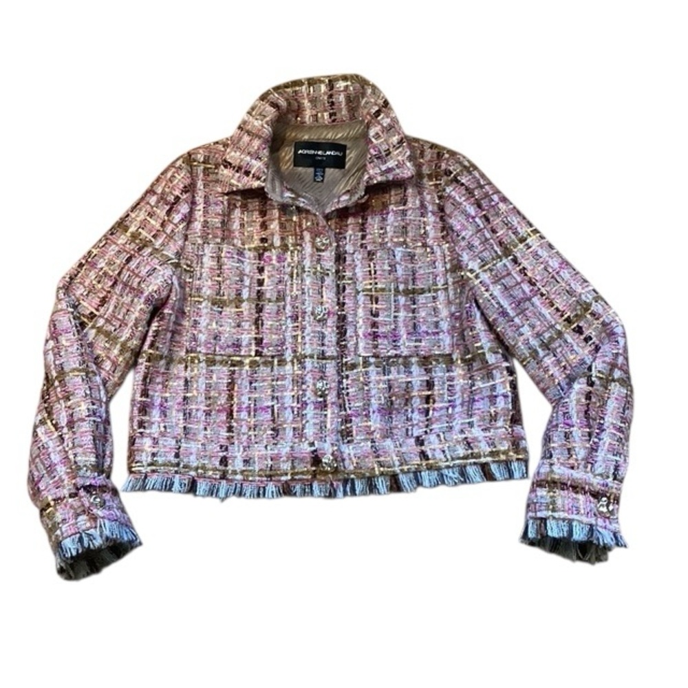 Adrienne Landau ONYX Crystal Tweed Jacket Blazer Pink Gold Sequin Fringe Medium - Picture 4 of 16
